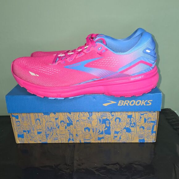 Brooks Women's Ghost 15 running shoe in the "Pink Glo/Blue/Fuchsia" Size:m12 - Picture 2 of 8